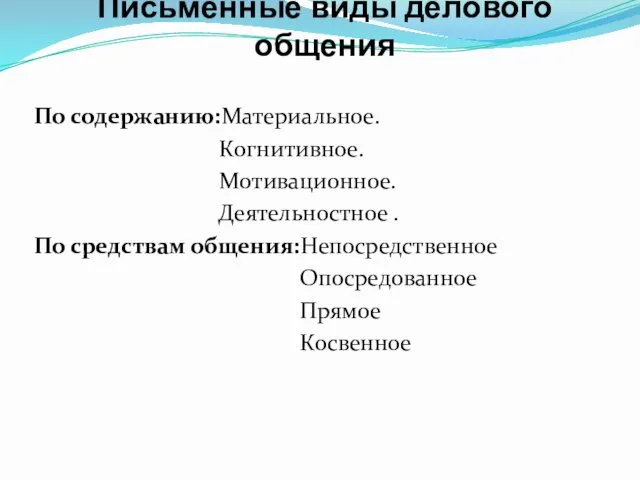 Письменные виды делового общения По содержанию:Материальное. Когнитивное. Мотивационное. Деятельностное . По средствам общения:Непосредственное Опосредованное Прямое Косвенное