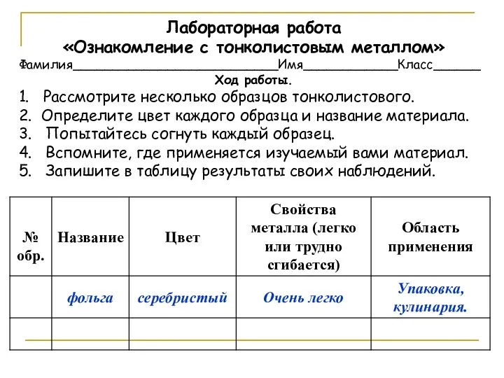 Лабораторная работа «Ознакомление с тонколистовым металлом» Фамилия__________________________Имя____________Класс______ Ход работы. 1.