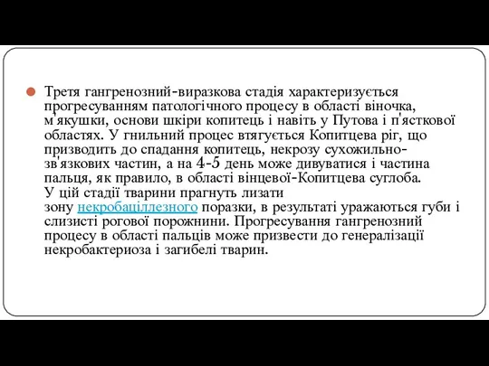 Третя гангренозний-виразкова стадія характеризується прогресуванням патологічного процесу в області віночка,