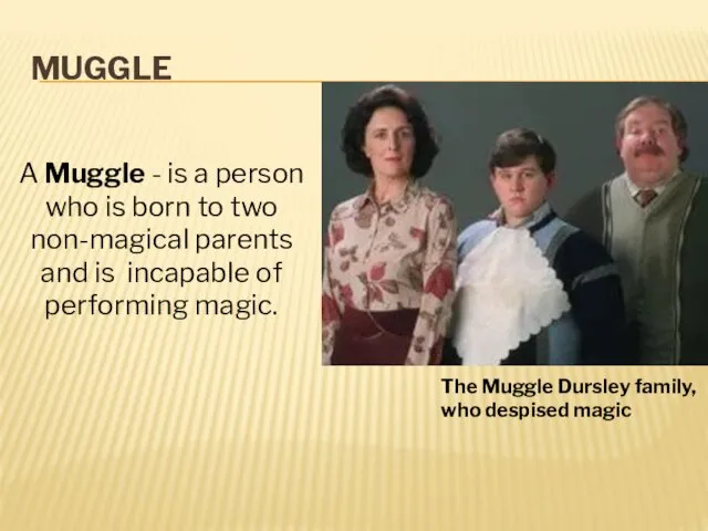 MUGGLE The Muggle Dursley family, who despised magic A Muggle - is a