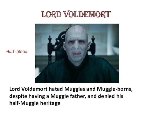 Lord Voldemort Lord Voldemort hated Muggles and Muggle-borns, despite having a Muggle father,