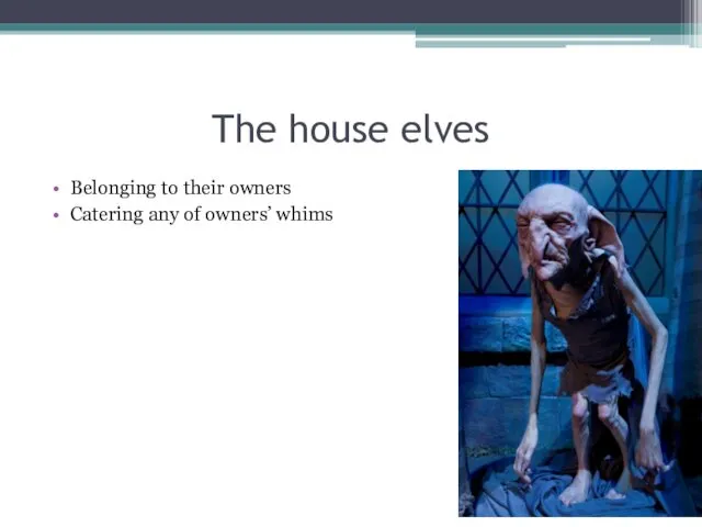 The house elves Belonging to their owners Catering any of owners’ whims