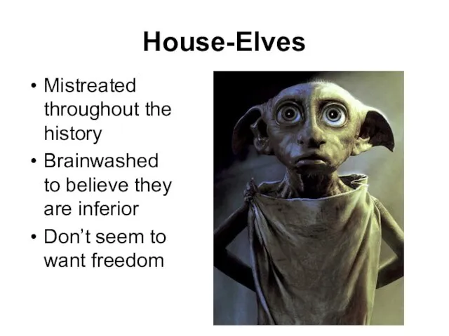 House-Elves Mistreated throughout the history Brainwashed to believe they are inferior Don’t seem to want freedom