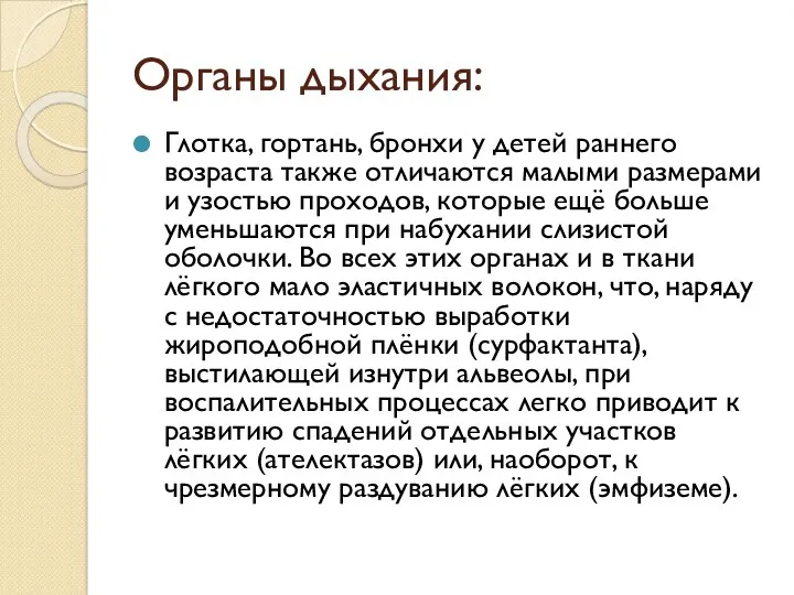 Органы дыхания: Глотка, гортань, бронхи у детей раннего возраста также отличаются малыми размерами