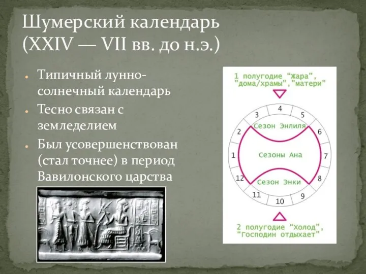 Шумерский календарь (XXIV — VII вв. до н.э.) Типичный лунно-солнечный