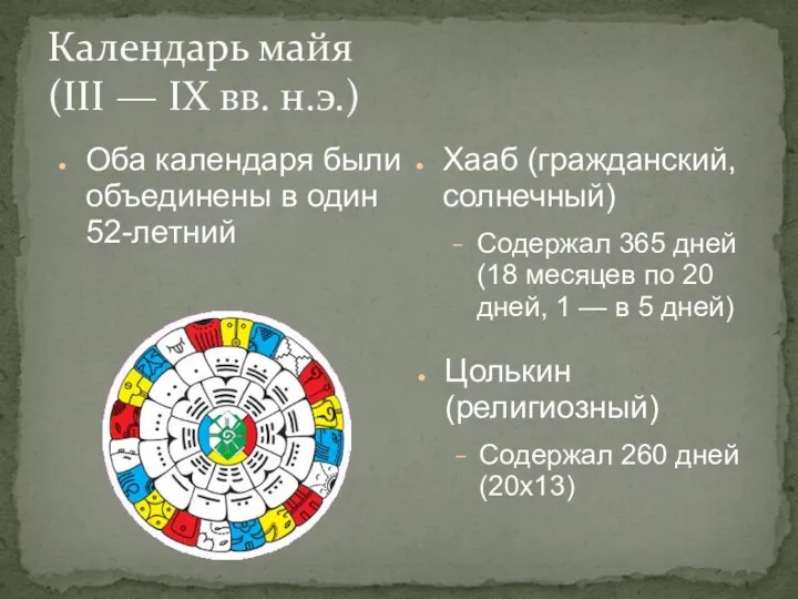 Календарь майя (III — IX вв. н.э.) Цолькин (религиозный) Содержал