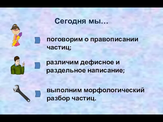 Сегодня мы… поговорим о правописании частиц; различим дефисное и раздельное написание; выполним морфологический разбор частиц.