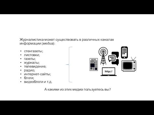 Журналистика может существовать в различных каналах информации (медиа): стенгазеты; листовки; газеты; журналы; телевидение;