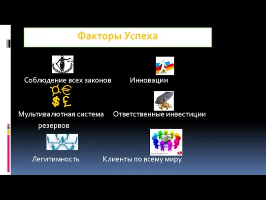 Факторы Успеха Соблюдение всех законов Инновации Мультивалютная система Ответственные инвестиции резервов Легитимность Клиенты по всему миру