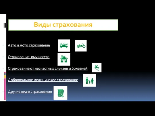 Виды страхования Авто и мото страхование Страхование имущества Страхование от