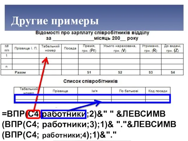 =ВПР(C4;работники;2)&" " &ЛЕВСИМВ(ВПР(C4; работники;3);1)& "."&ЛЕВСИМВ(ВПР(C4; работники;4);1)&"." Другие примеры