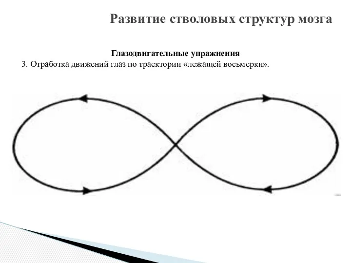 Развитие стволовых структур мозга Глазодвигательные упражнения 3. Отработка движений глаз по траектории «лежащей восьмерки».