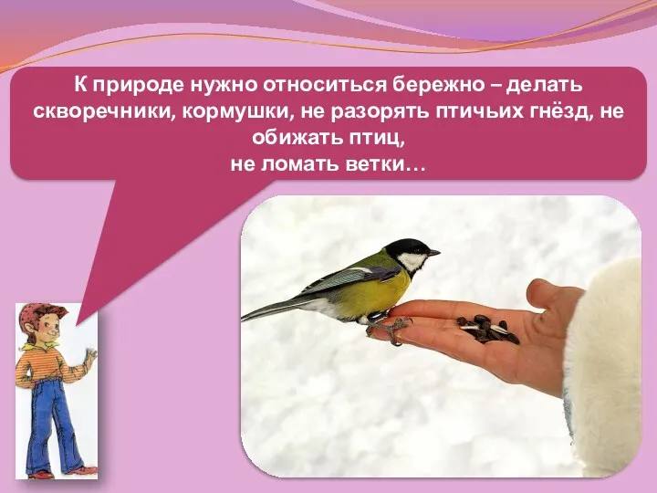 К природе нужно относиться бережно – делать скворечники, кормушки, не разорять птичьих гнёзд,