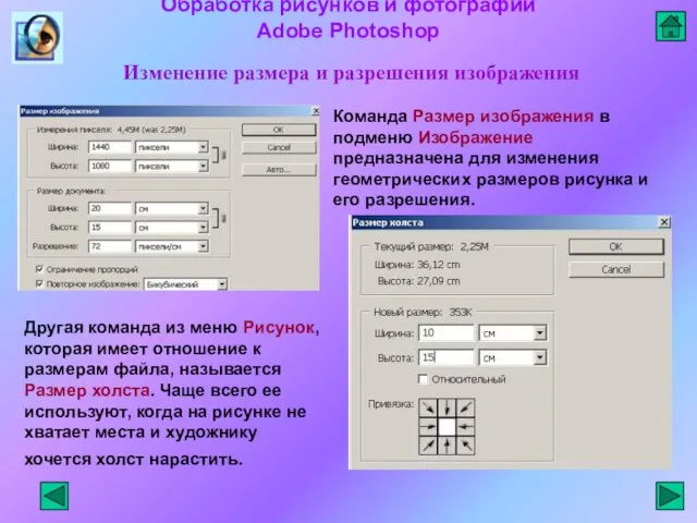 Обработка рисунков и фотографий Adobe Photoshop Команда Размер изображения в