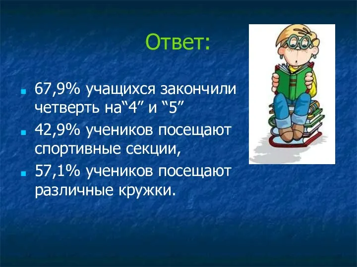 Ответ: 67,9% учащихся закончили четверть на“4” и “5” 42,9% учеников