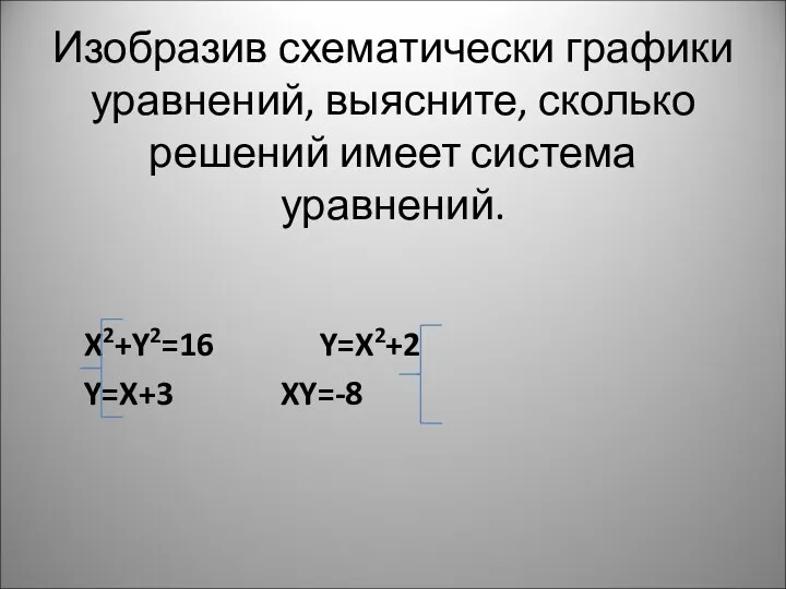 Изобразив схематически графики уравнений, выясните, сколько решений имеет система уравнений. X2+Y2=16 Y=X2+2 Y=X+3 XY=-8