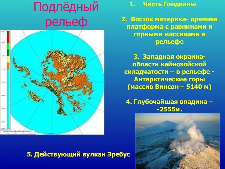 Подлёдный рельеф Часть Гондваны 2. Восток материка- древняя платформа с