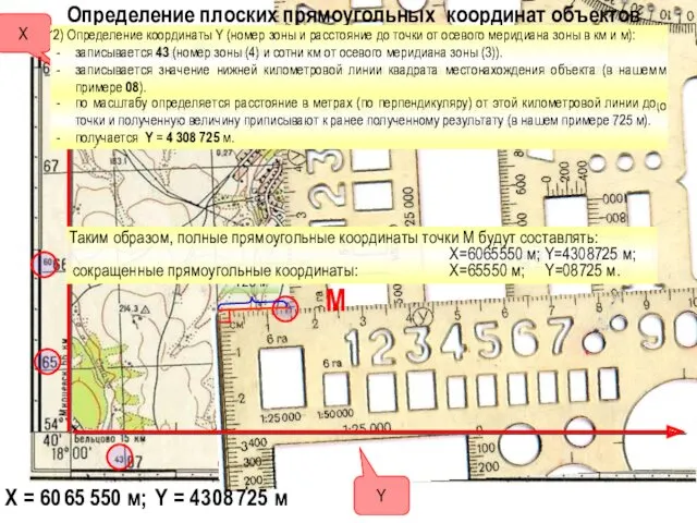 550 м Определение плоских прямоугольных координат объектов М Y 725