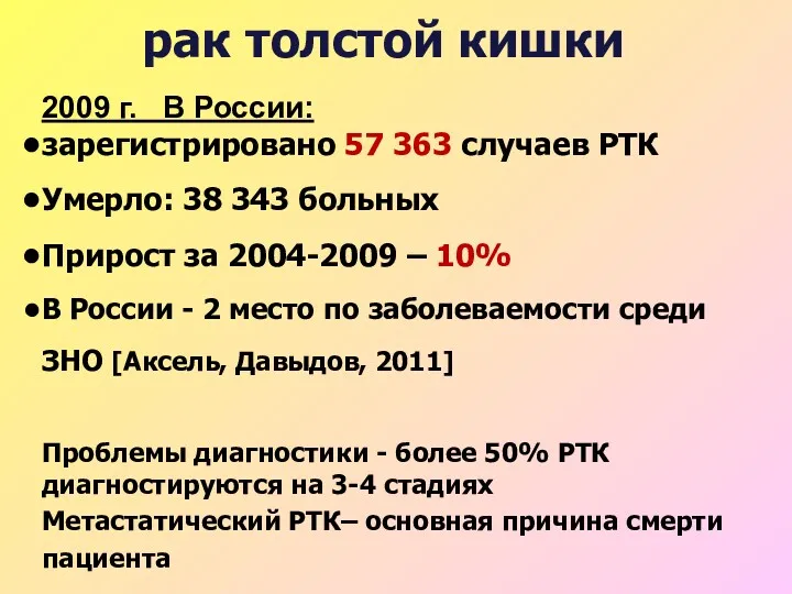 рак толстой кишки 2009 г. В России: зарегистрировано 57 363