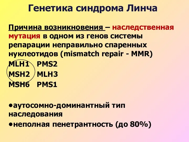 Генетика синдрома Линча Причина возникновения – наследственная мутация в одном