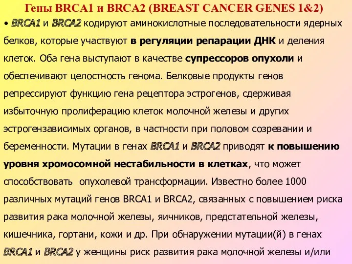 Гены BRCA1 и BRCA2 (BREAST CANCER GENES 1&2) BRCA1 и