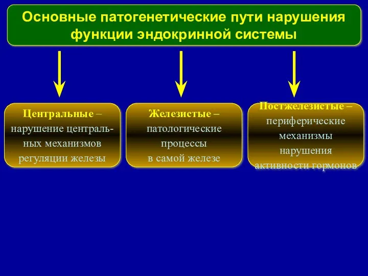 Основные патогенетические пути нарушения функции эндокринной системы Центральные – нарушение