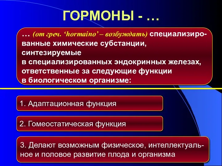 ГОРМОНЫ - … … (от греч. ‘hormaino’ – возбуждать) специализиро- ванные химические субстанции,