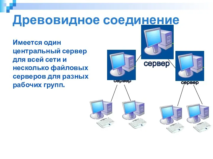 Древовидное соединение Имеется один центральный сервер для всей сети и несколько файловых серверов