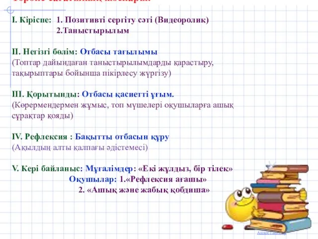 Тәрбие сағатының жоспары: І. Кіріспе: 1. Позитивті сергіту сәті (Видеоролик)