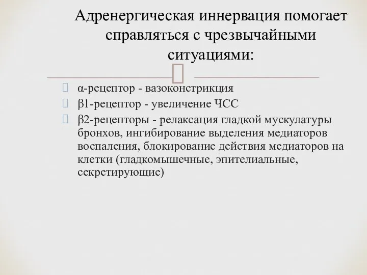 α-рецептор - вазоконстрикция β1-рецептор - увеличение ЧСС β2-рецепторы - релаксация