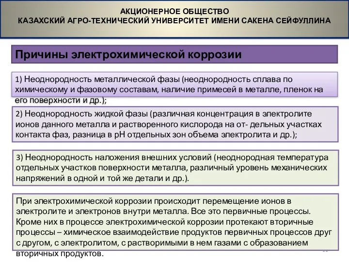 Причины электрохимической коррозии АКЦИОНЕРНОЕ ОБЩЕСТВО КАЗАХСКИЙ АГРО-ТЕХНИЧЕСКИЙ УНИВЕРСИТЕТ ИМЕНИ САКЕНА