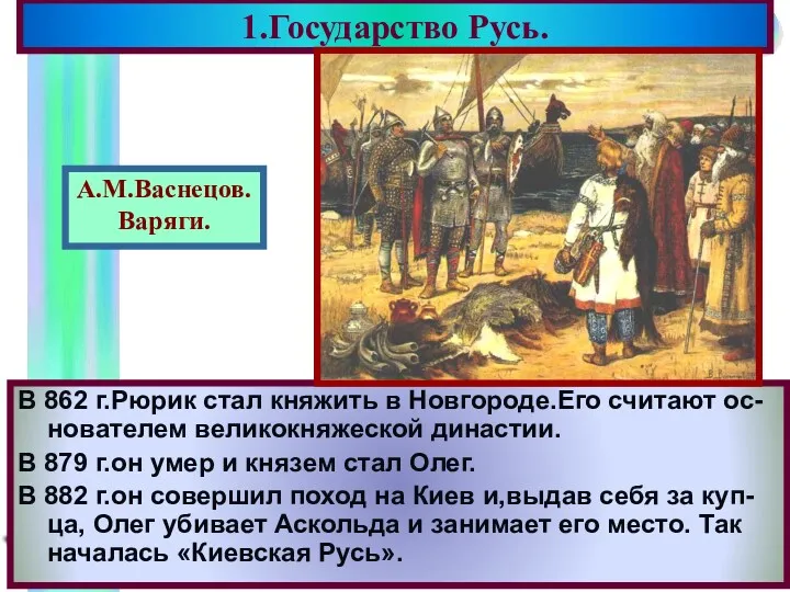 В 862 г.Рюрик стал княжить в Новгороде.Его считают ос-нователем великокняжеской