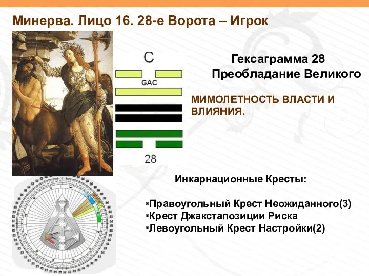 Минерва. Лицо 16. 28-е Ворота – Игрок Гексаграмма 28 Преобладание