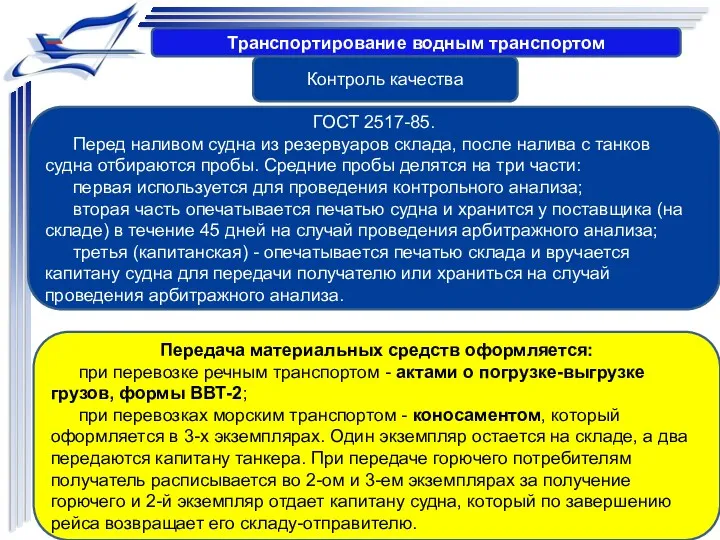 Транспортирование водным транспортом Контроль качества ГОСТ 2517-85. Перед наливом судна