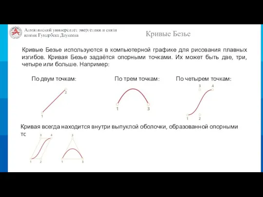 Кривые Безье Кривые Безье используются в компьютерной графике для рисования плавных изгибов. Кривая
