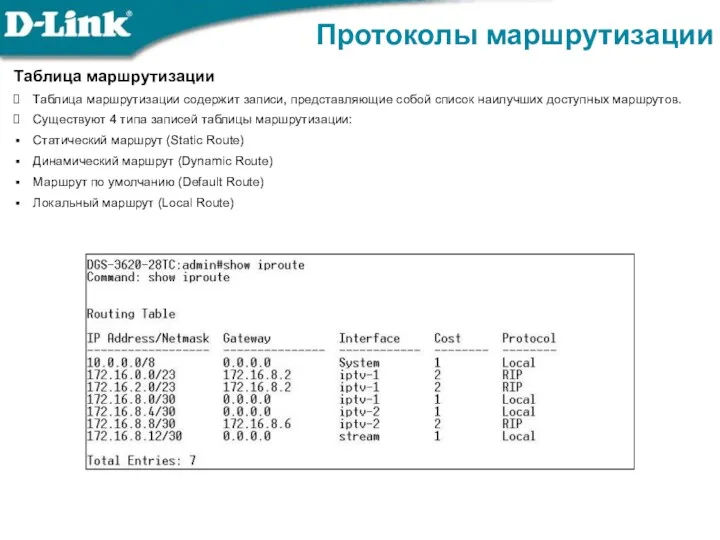 Протоколы маршрутизации Таблица маршрутизации Таблица маршрутизации содержит записи, представляющие собой