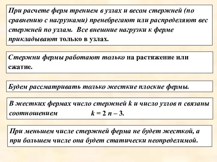 При расчете ферм трением в узлах и весом стержней (по