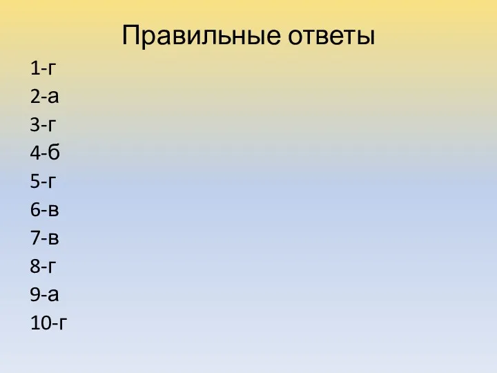 Правильные ответы 1-г 2-а 3-г 4-б 5-г 6-в 7-в 8-г 9-а 10-г