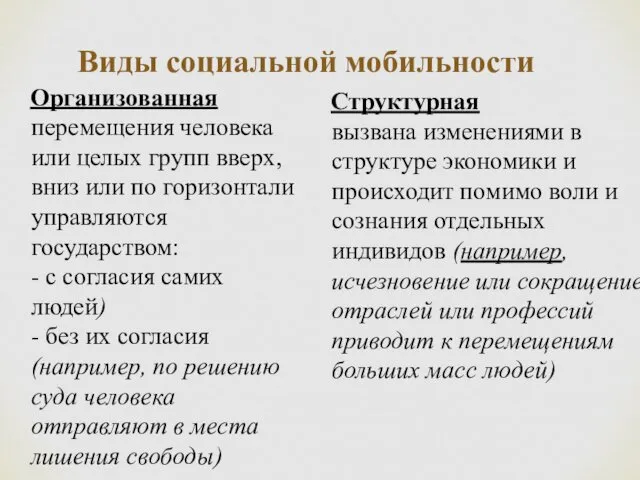 Виды социальной мобильности Структурная вызвана изменениями в структуре экономики и