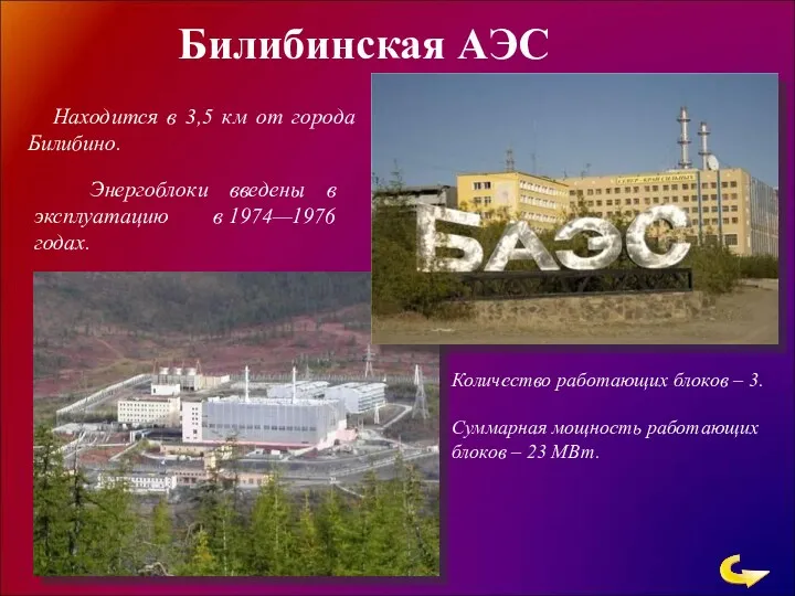 Билибинская АЭС Количество работающих блоков – 3. Суммарная мощность работающих