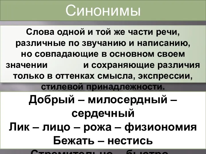 Синонимы Слова одной и той же части речи, различные по