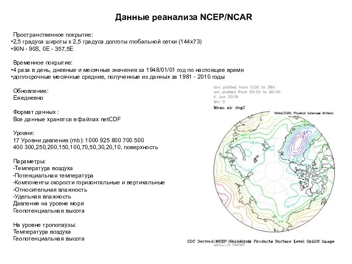 Данные реанализа NCEP/NCAR Пространственное покрытие: 2,5 градуса широты х 2,5 градуса долготы глобальной