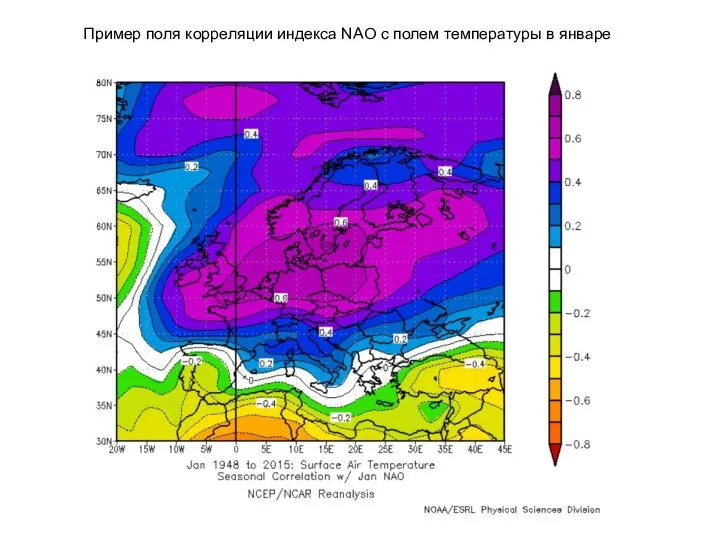 Пример поля корреляции индекса NAO с полем температуры в январе