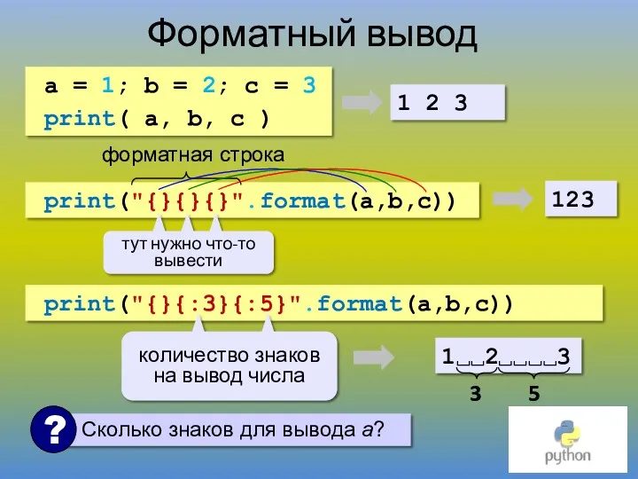 Форматный вывод a = 1; b = 2; c =