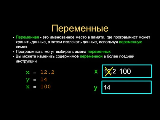 Переменные Переменная - это именованное место в памяти, где программист