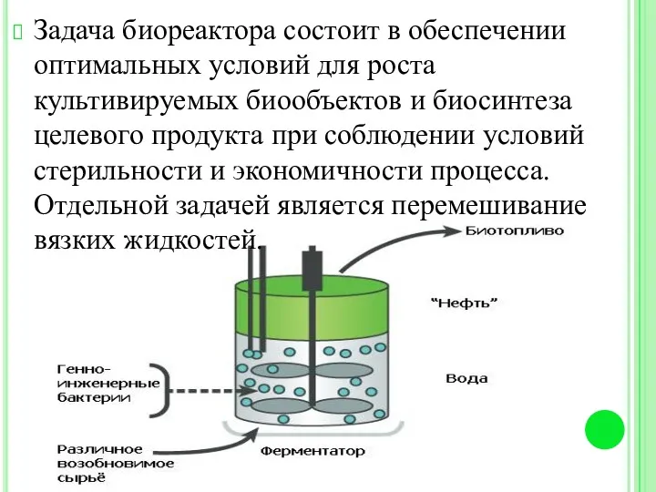 Задача биореактора состоит в обеспечении оптимальных условий для роста культивируемых