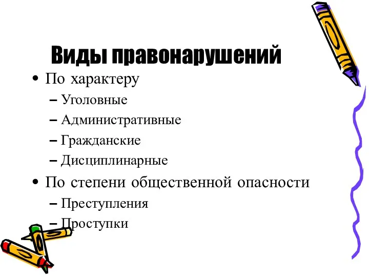 Виды правонарушений По характеру Уголовные Административные Гражданские Дисциплинарные По степени общественной опасности Преступления Проступки