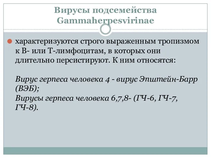 Вирусы подсемейства Gammaherpesvirinae характеризуются строго выраженным тропизмом к В- или