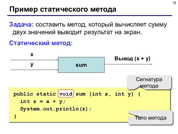 Пример статического метода Задача: составить метод, который вычисляет сумму двух значений выводит результат