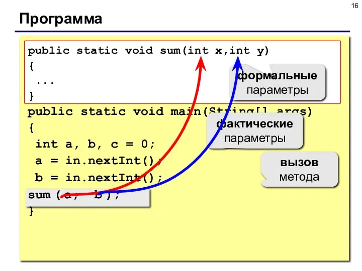 Программа public static void main(String[] args) { int a, b, с = 0;